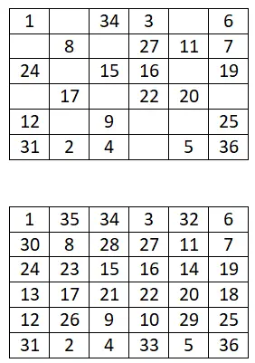 quadrato magico 6x6