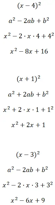 Exercícios de quadrado binomial